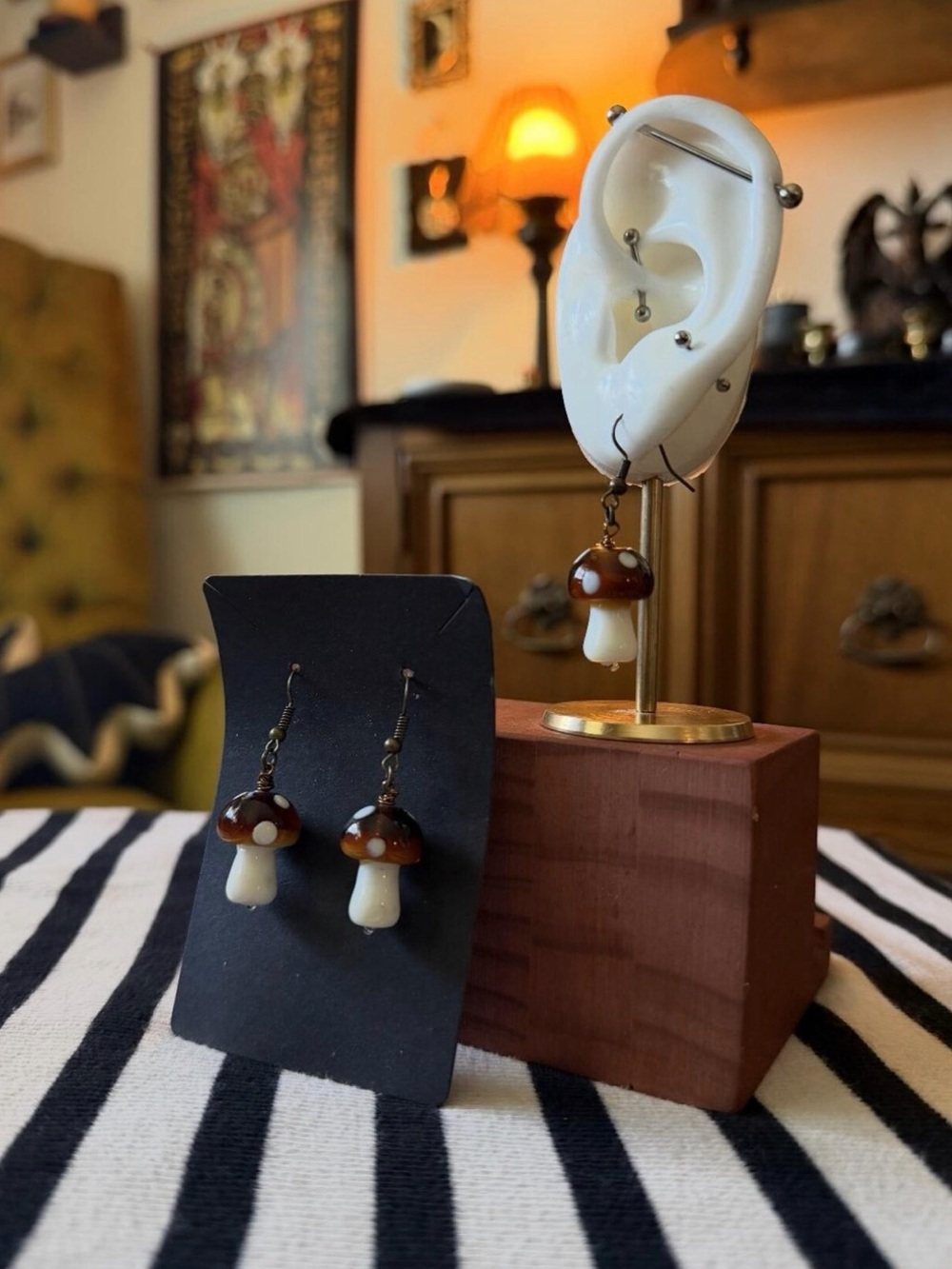 Handmade Large Brown Mushroom Glass Bead Earrings